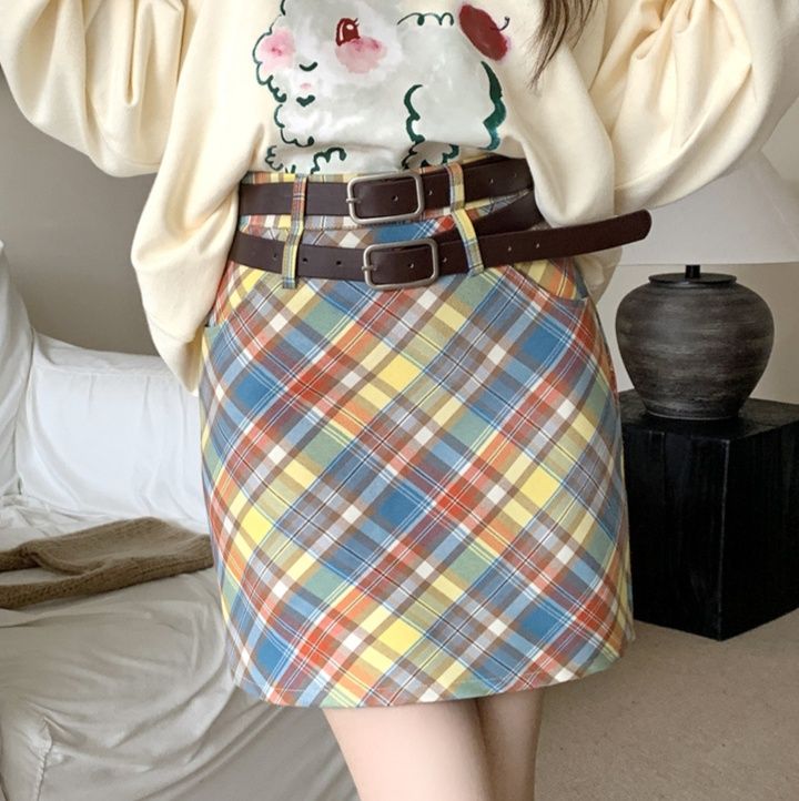 チェックスカート 斜めバイアスマドラスチェック柄タイトミニスカート
