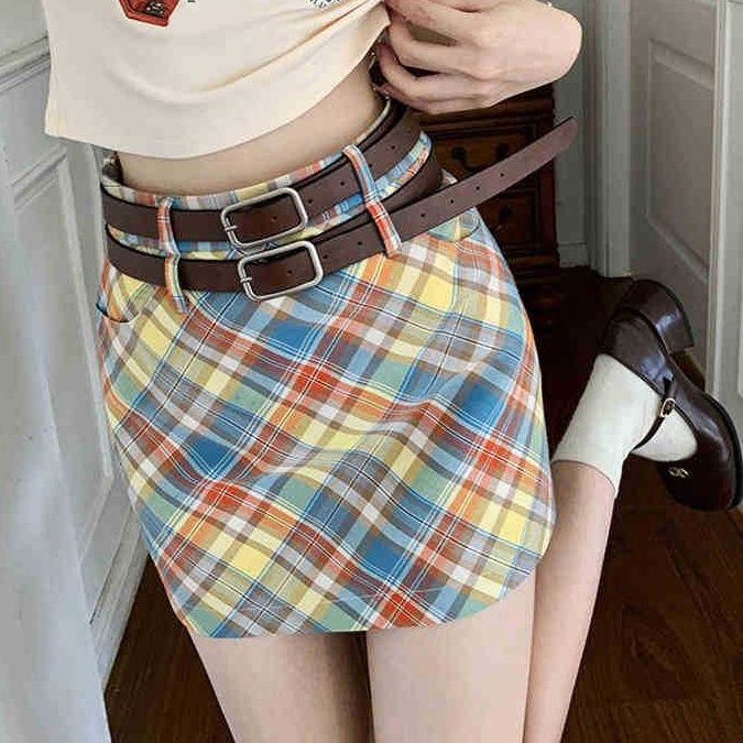 チェックスカート 斜めバイアスマドラスチェック柄タイトミニスカート