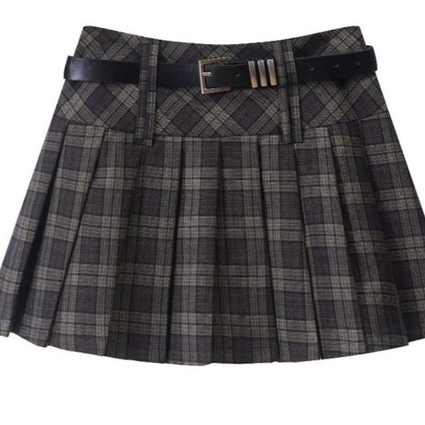 チェックスカート ベルト付きチェック柄プリーツミニスカート