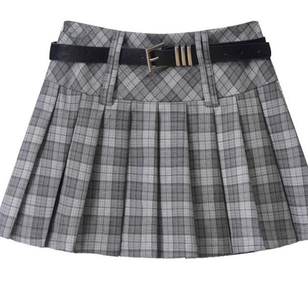 チェックスカート ベルト付きチェック柄プリーツミニスカート