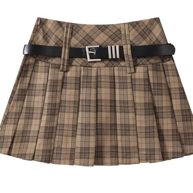 チェックスカート ベルト付きチェック柄プリーツミニスカート