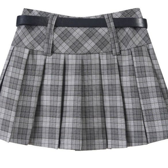 チェックスカート ベルト付きチェック柄プリーツミニスカート
