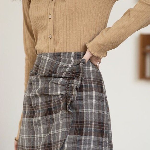 チェックスカート サイドリボン付き格子柄巻き風ミニスカート