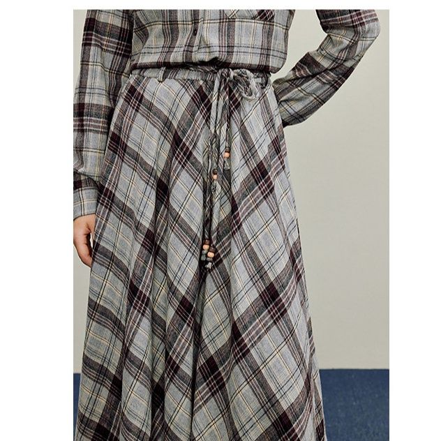 チェックスカート 上品なチェック柄ウエストリボン付きロングスカート