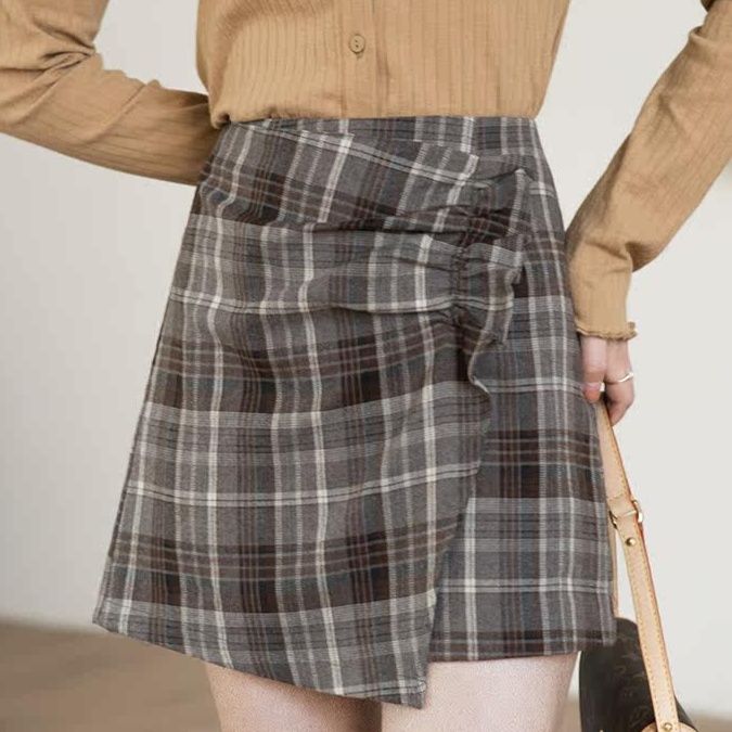 チェックスカート サイドリボン付き格子柄巻き風ミニスカート