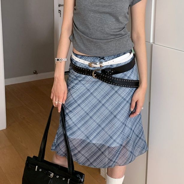 チェックスカート 斜めチェック柄シアー切替　ロング