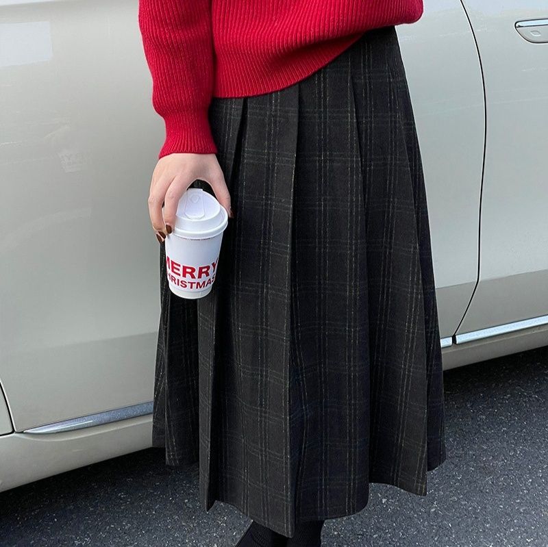 チェックスカート グレンチェック柄プリーツ　ロング