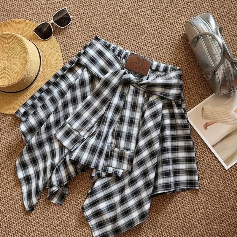 チェックスカート チェック柄ミニスカート アシンメトリーデザイン レディース