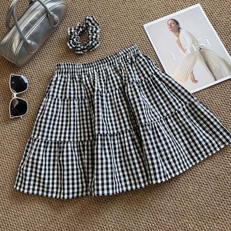 チェックスカート ミニ丈チェック柄スカート レディース 黒白青格子 2色展開