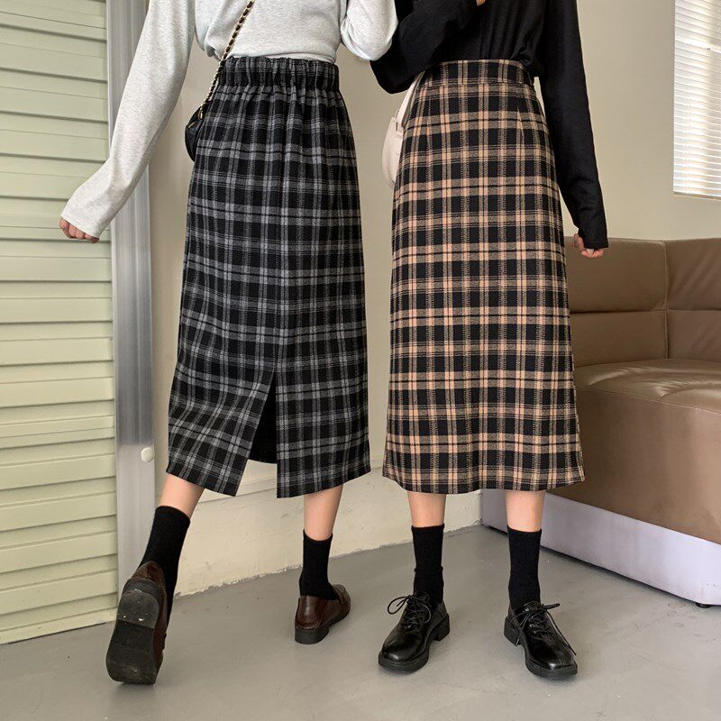クラシック格子柄ハイウエストチェックスカートロング