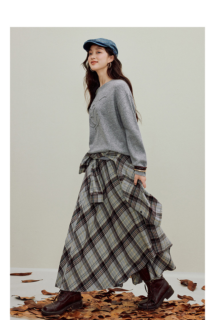Diagram チェック柄リボン付きロングドレス チェックスカート 上品なチェック柄ウエストリボン付きロングスカート