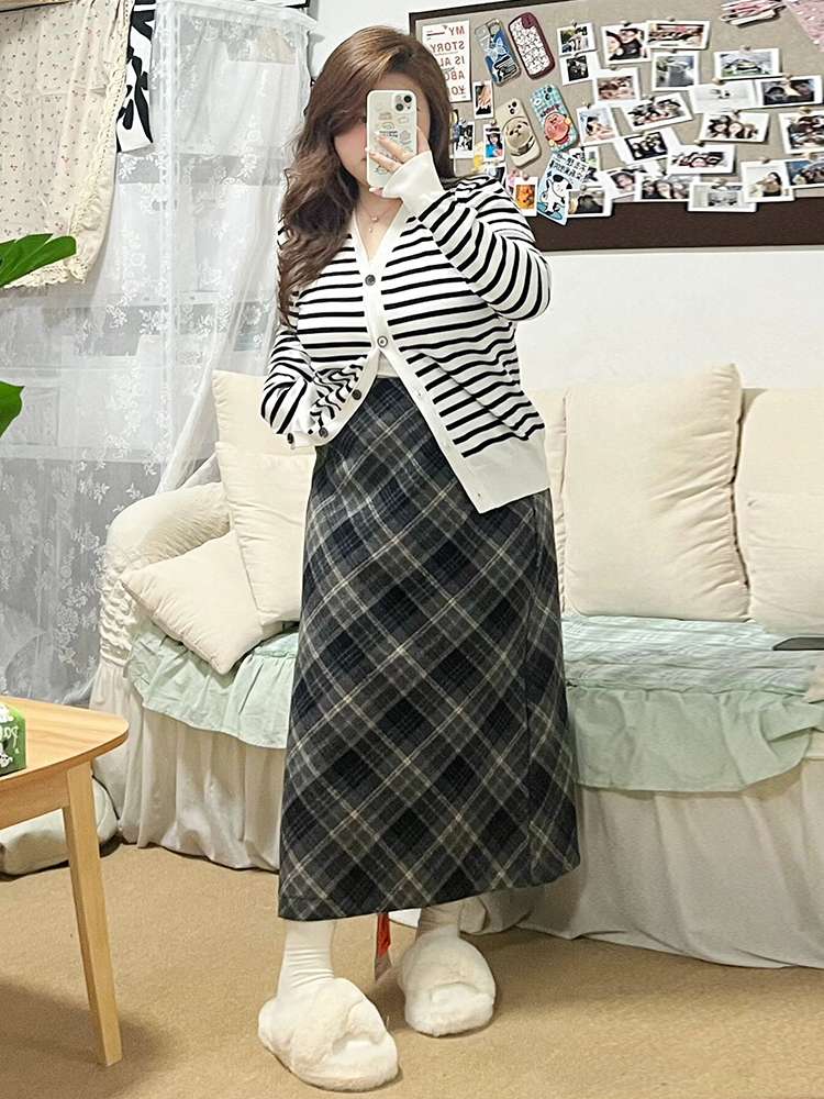 チェックスカート あったかチェック柄ロングスカート