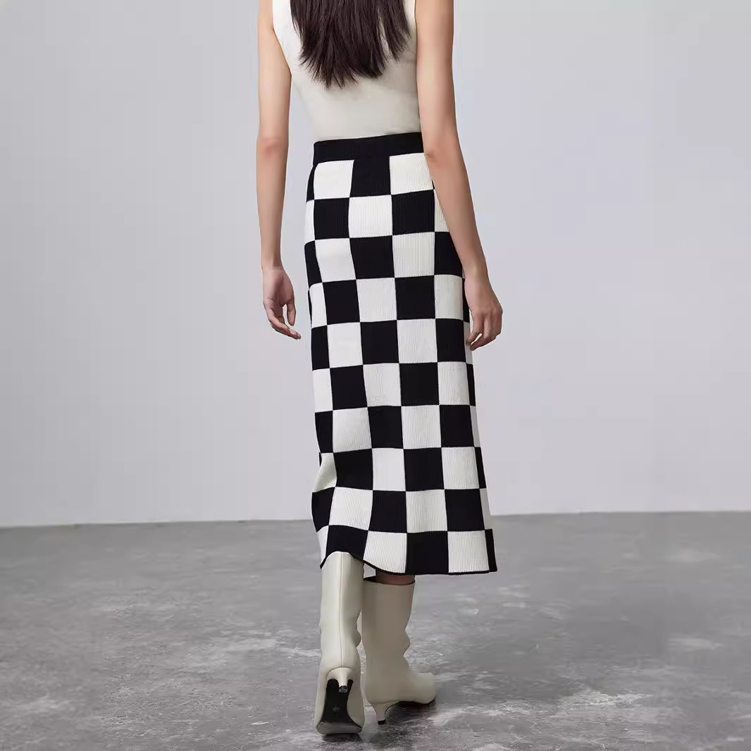チェックスカート 市松模様ニットタイトスカート