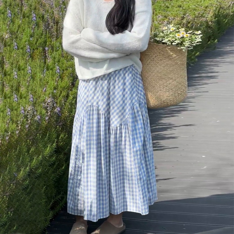 チェックスカート ギンガムチェック柄ティアードロングスカート