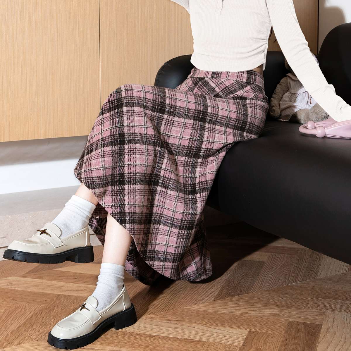 チェックスカート レトロ調チェック柄ロングスカート