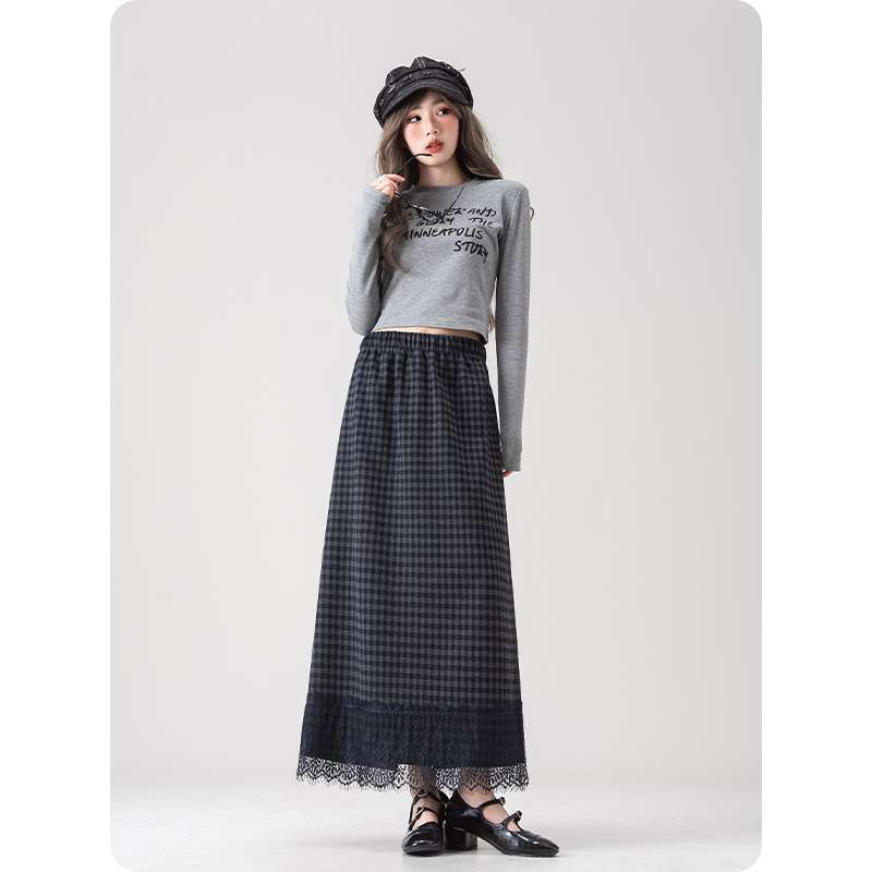 チェックスカート レース付きチェックロングスカート