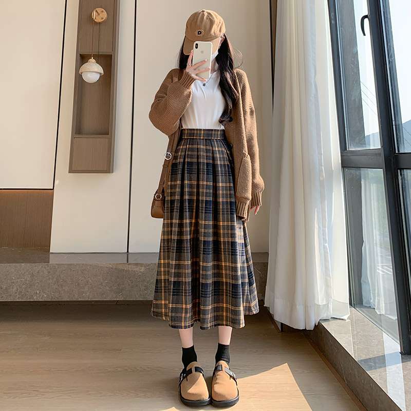 チェックスカート あったか格子柄ロングプリーツスカート