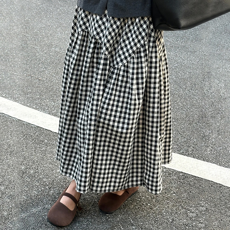 チェックスカート ギンガムチェック柄ティアードロングスカート