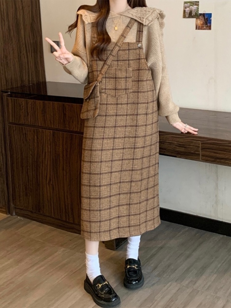 チェックスカート ジャンパースカート風チェック柄ロング丈サロペットスカート