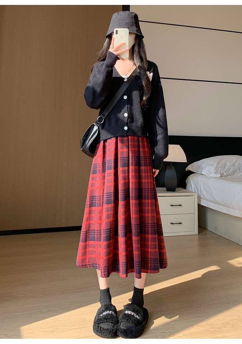 チェックスカート あったか格子柄ロングプリーツスカート