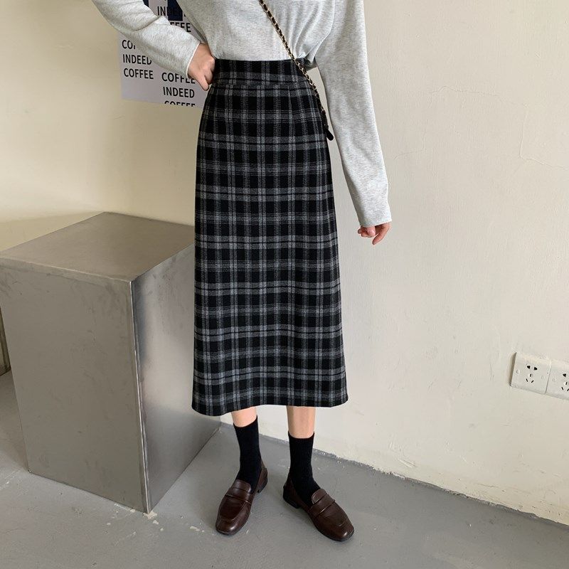 クラシック格子柄ハイウエストチェックスカートロング