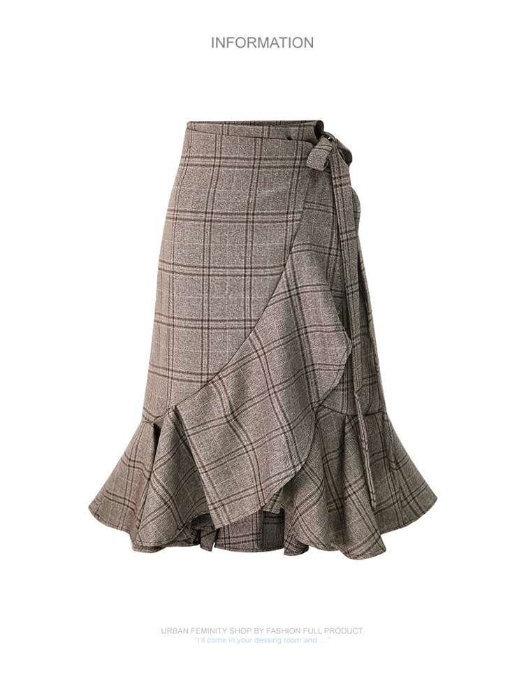 チェックスカート 裾フリル付き格子柄ラップ風ロングスカート