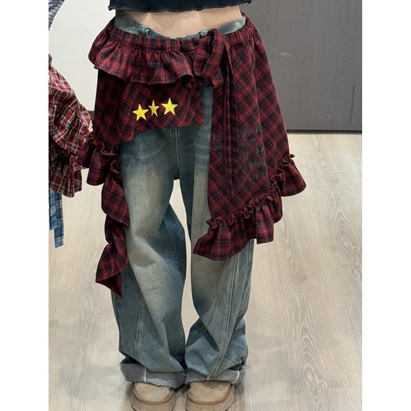 チェックスカート デニム切替チェック柄フリルミニスカート