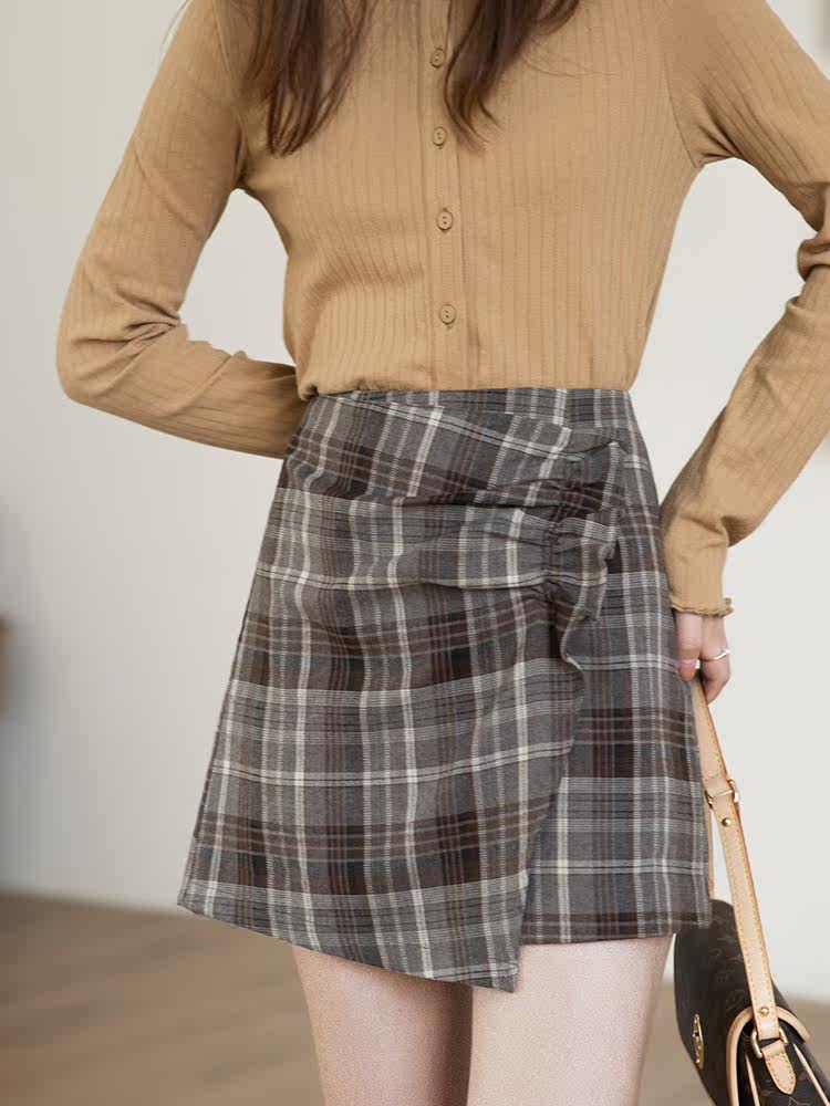 チェックスカート サイドリボン付き格子柄巻き風ミニスカート ミニ