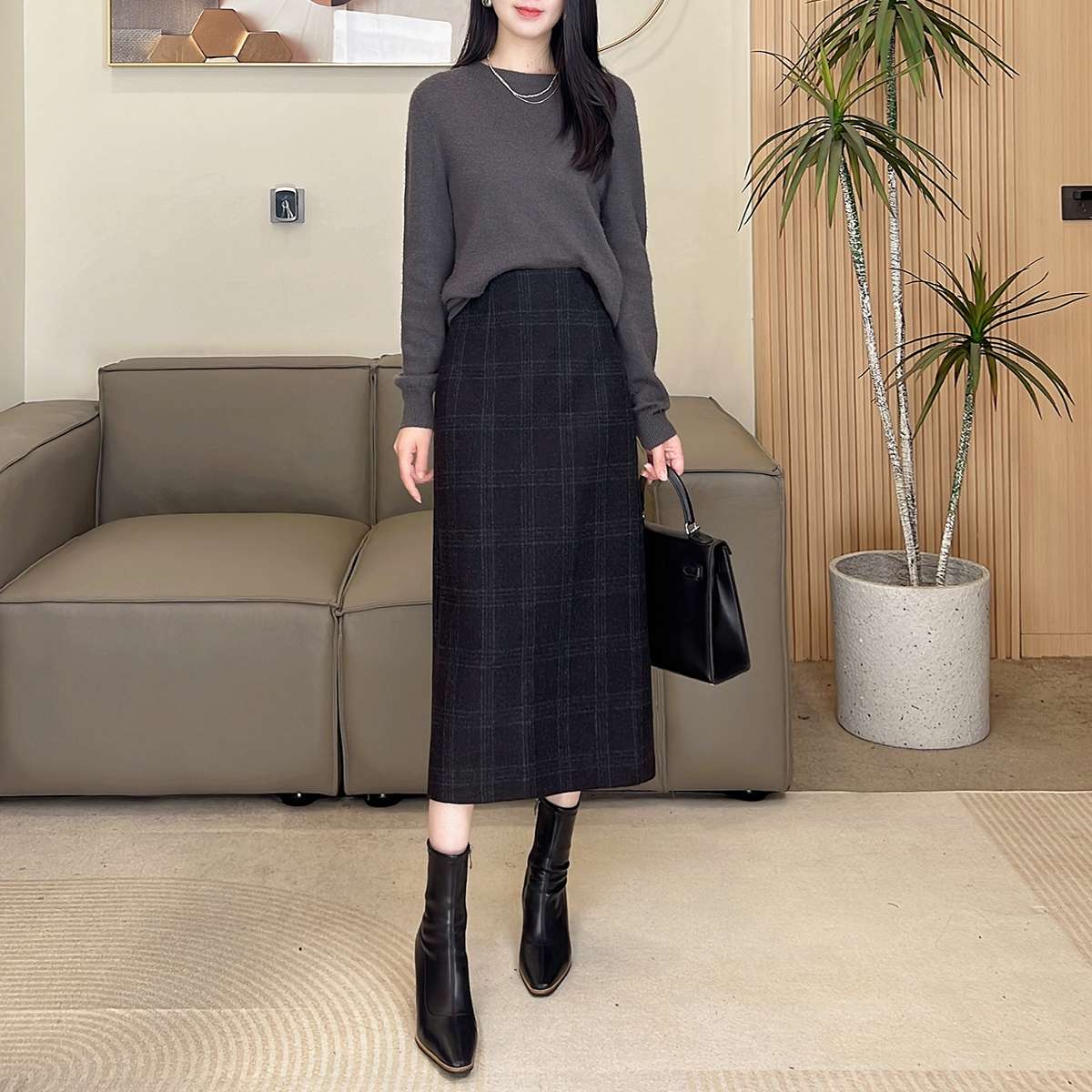 ウール混チェックスカート ロングスカート