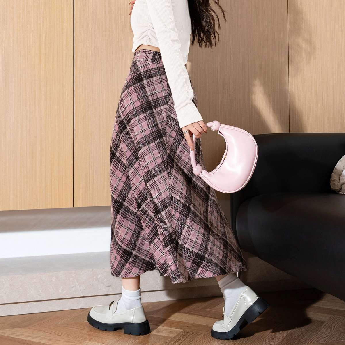 チェックスカート レトロ調チェック柄ロングスカート
