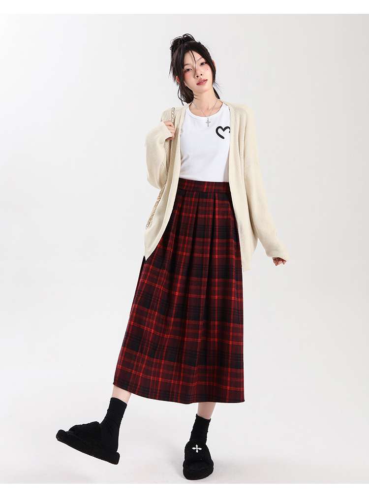 レトロ調チェックスカート ロング丈プリーツ