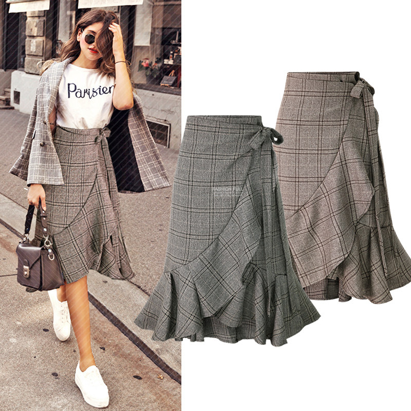 チェックスカート 裾フリル付き格子柄ラップ風ロングスカート