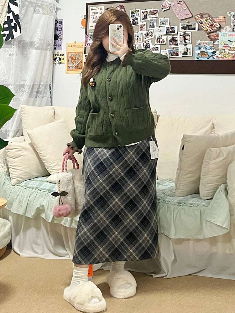 チェックスカート あったかチェック柄ロングスカート