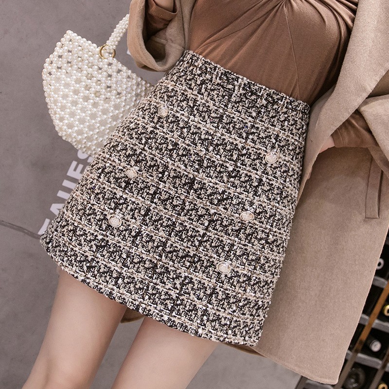 チェックスカート ツイード風パールボタン付きチェック柄ミニスカート