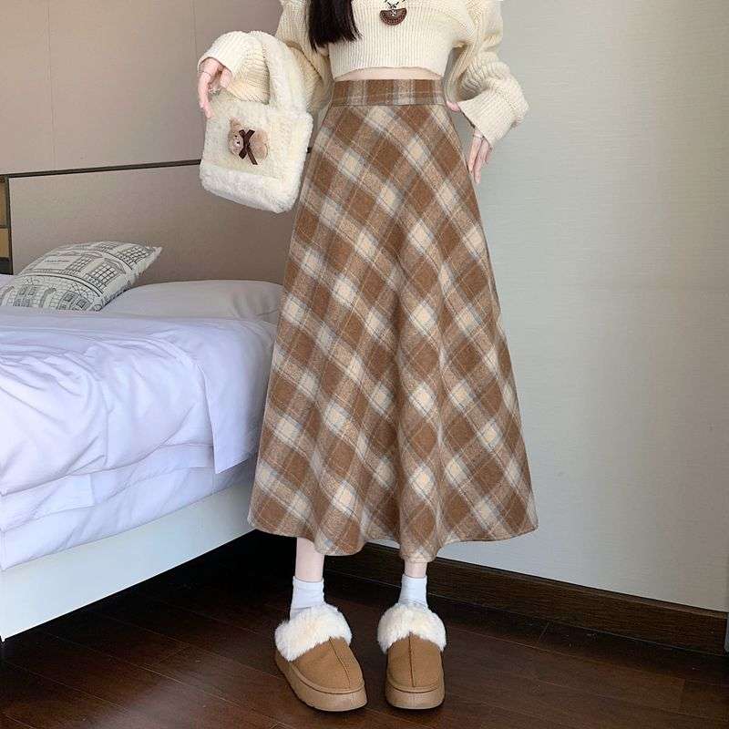チェックスカート ふんわりチェック柄ロングスカート