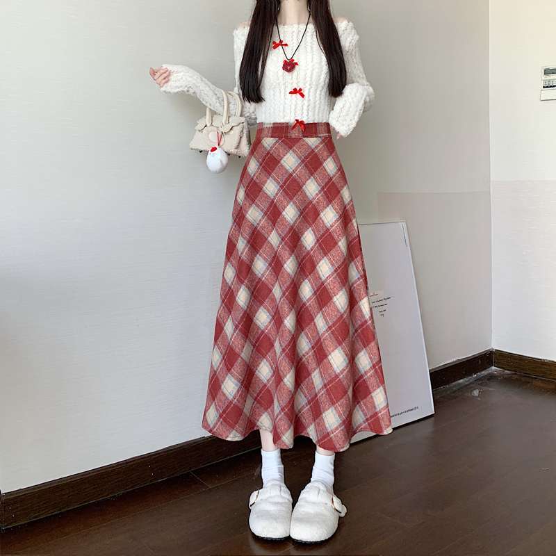 チェックスカート ふんわりチェック柄ロングスカート