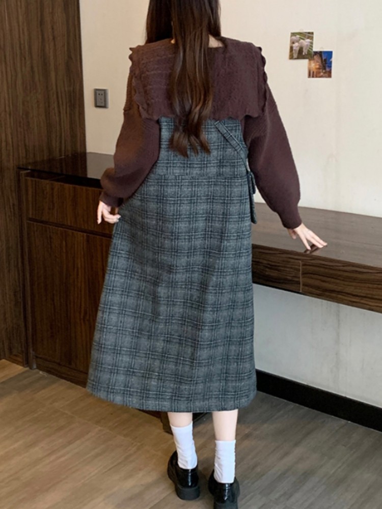 チェックスカート ジャンパースカート風チェック柄ロング丈サロペットスカート