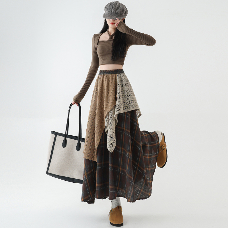 チェックスカート レイヤード風アシンメトリーチェック柄ロングスカート