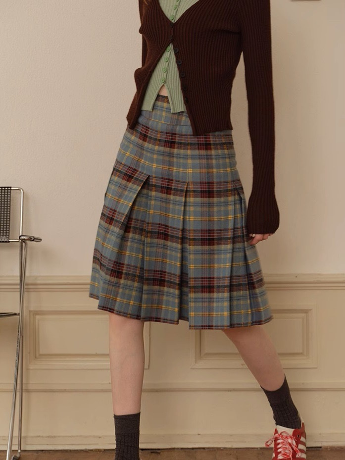 チェックスカート クラシック格子柄プリーツ　ロング