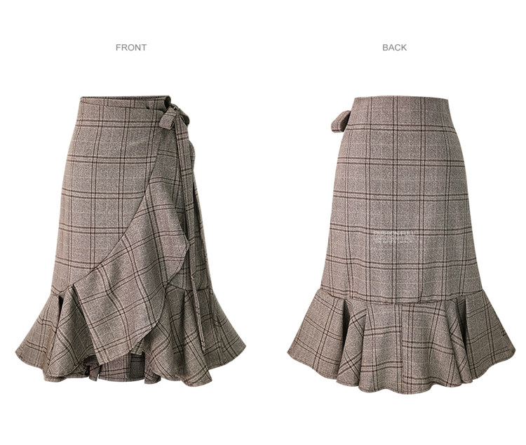 チェックスカート 裾フリル付き格子柄ラップ風ロングスカート