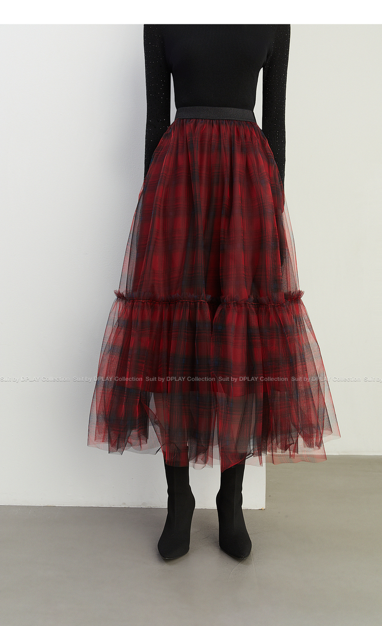 チェックスカート チュールレイヤード プリーツスカート