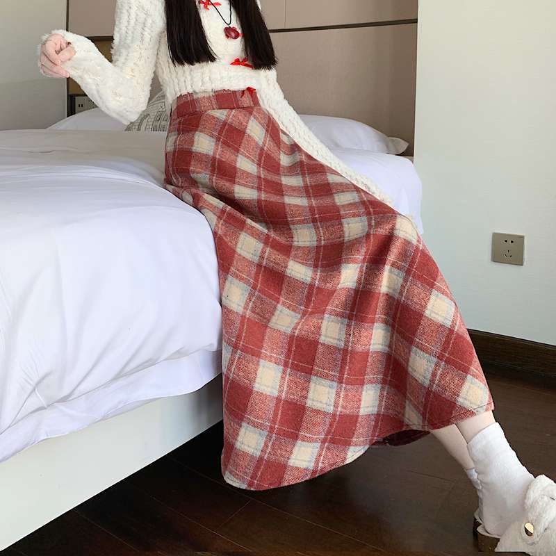 チェックスカート ふんわりチェック柄ロングスカート