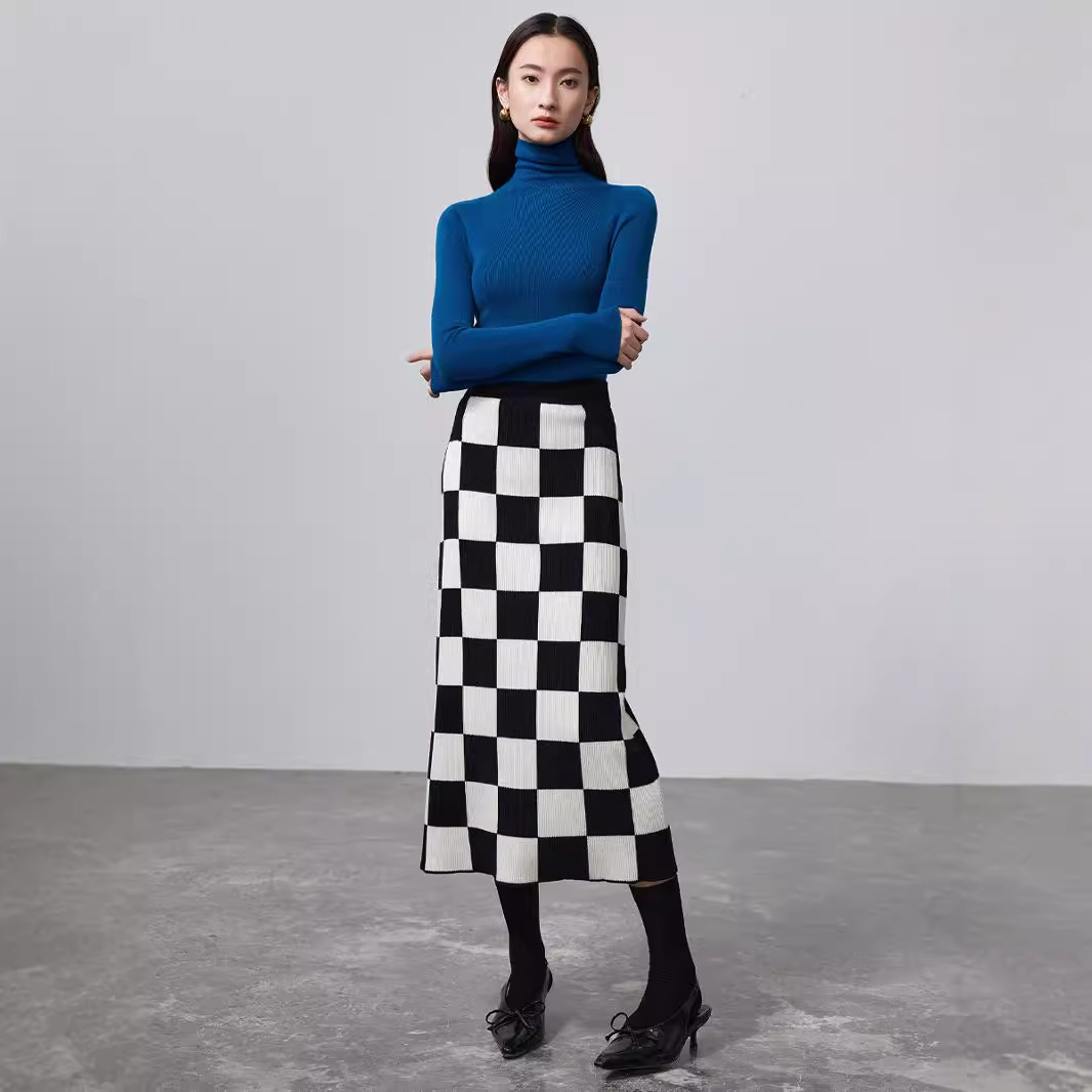 チェックスカート 市松模様ニットタイトスカート