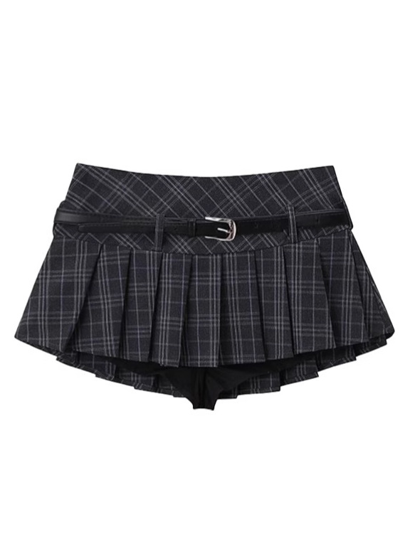 チェックスカート ベルト付きプリーツチェック柄 ミニ