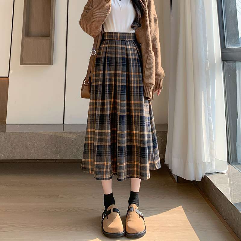 チェックスカート あったか格子柄ロングプリーツスカート