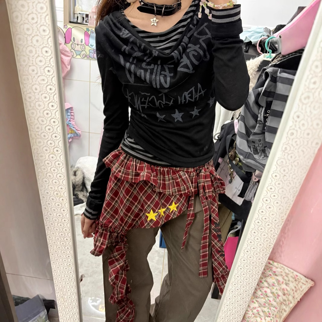 チェックスカート デニム切替チェック柄フリルミニスカート