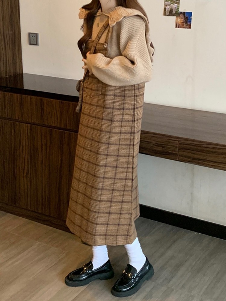 チェックスカート ジャンパースカート風チェック柄ロング丈サロペットスカート