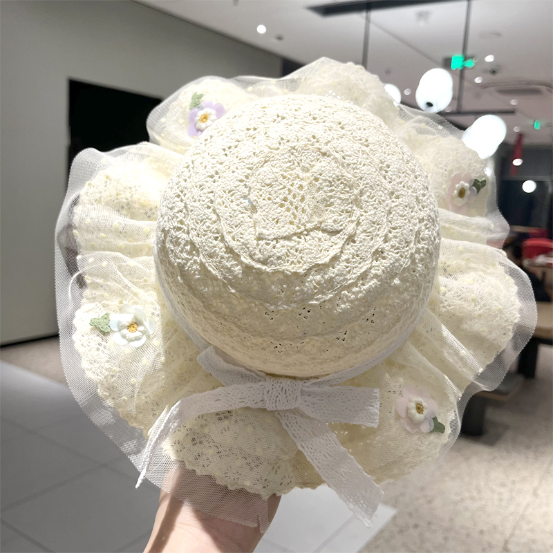 キッズ帽子 ふんわりレース付き花飾りお姫様帽子