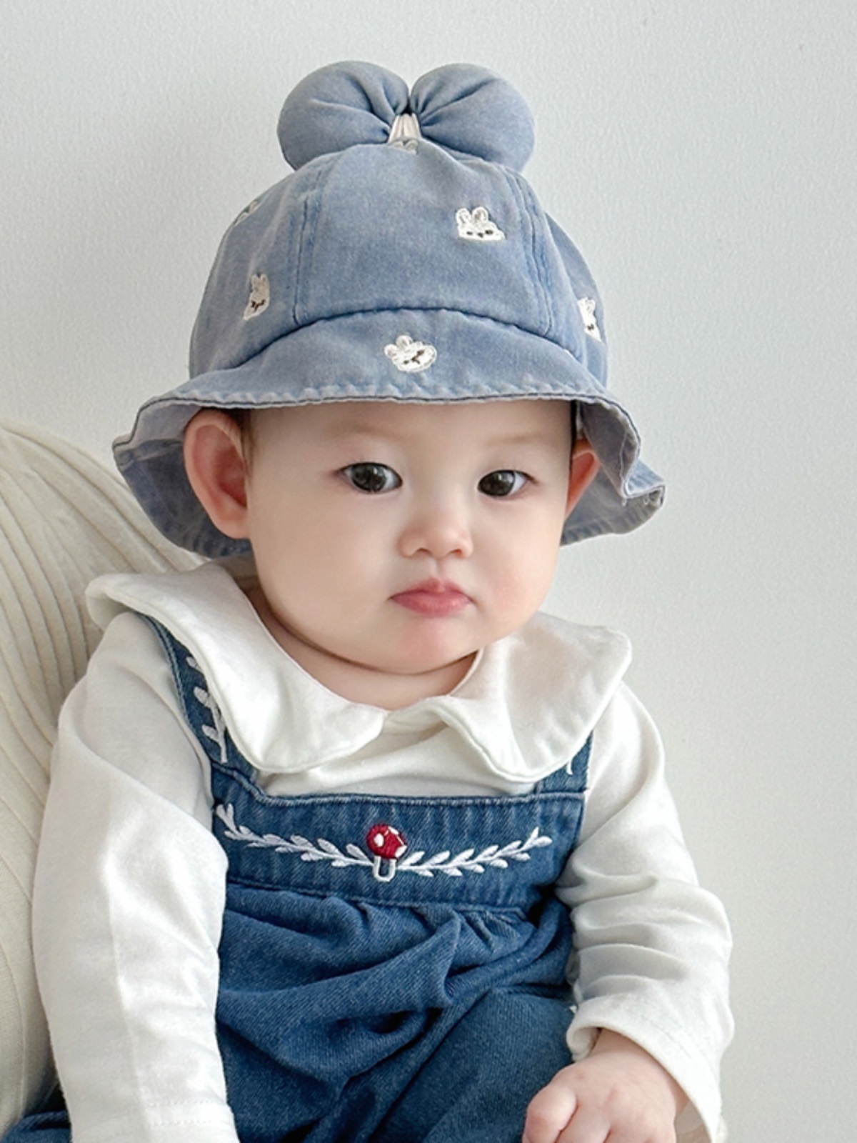 キッズ帽子 キッズ帽子 うさぎ刺繍付きふわふわリボンバケットハット