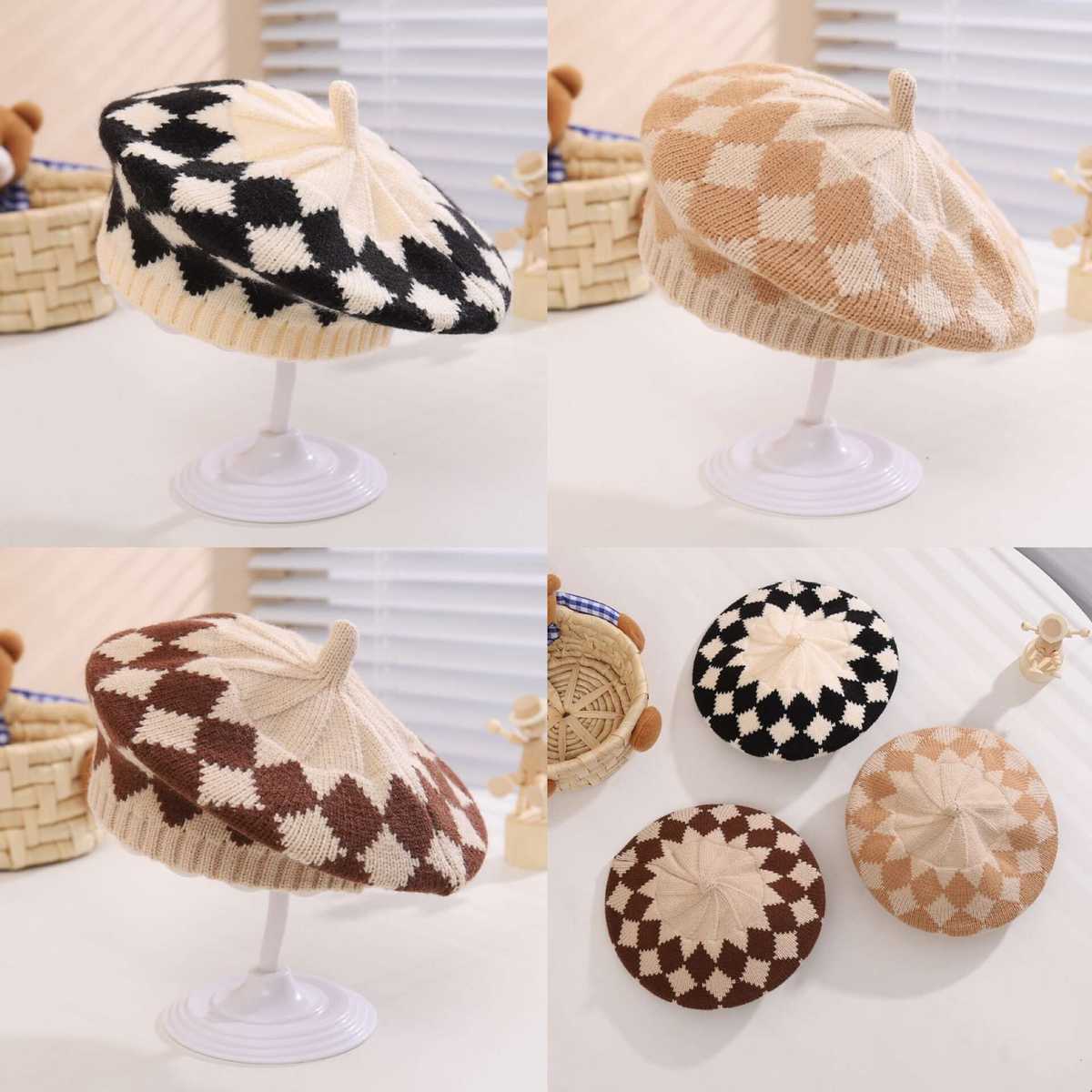 キッズ帽子 子供向け チェック柄 ニットベレー帽